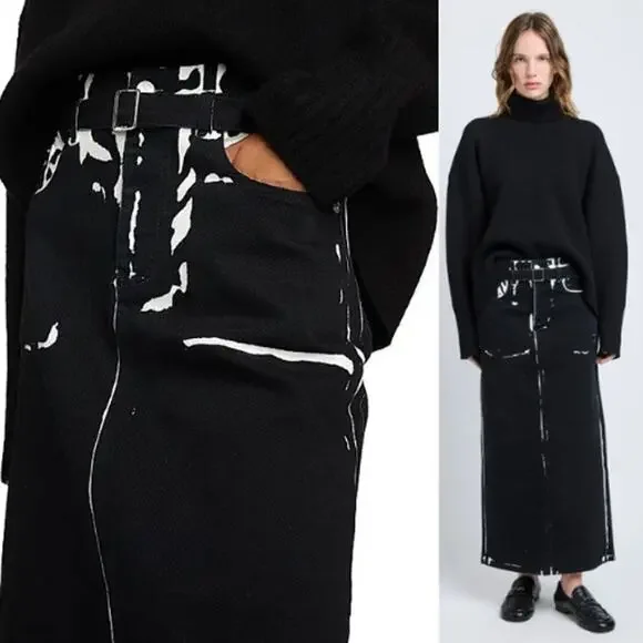 Proenza Schouler | Calder Skirt in Black Multi Contrast Printed Denim Pencil 25 - Picture 3 of 14